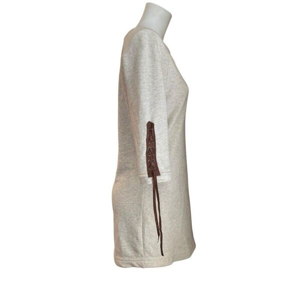 Twisted Heart Medium Oatmeal Fleece Tunic Mini Dress Leather Trim Boho Festival - Picture 3 of 5
